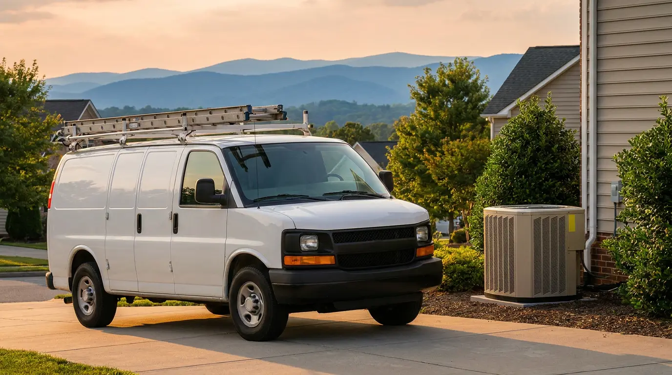 Cleek's Heating & Air service van parked beside a home air-conditioning unit in the Tennessee mountains